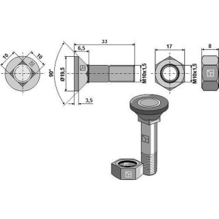Pflugschraube M10x1,5x33 und Sechskantmutter